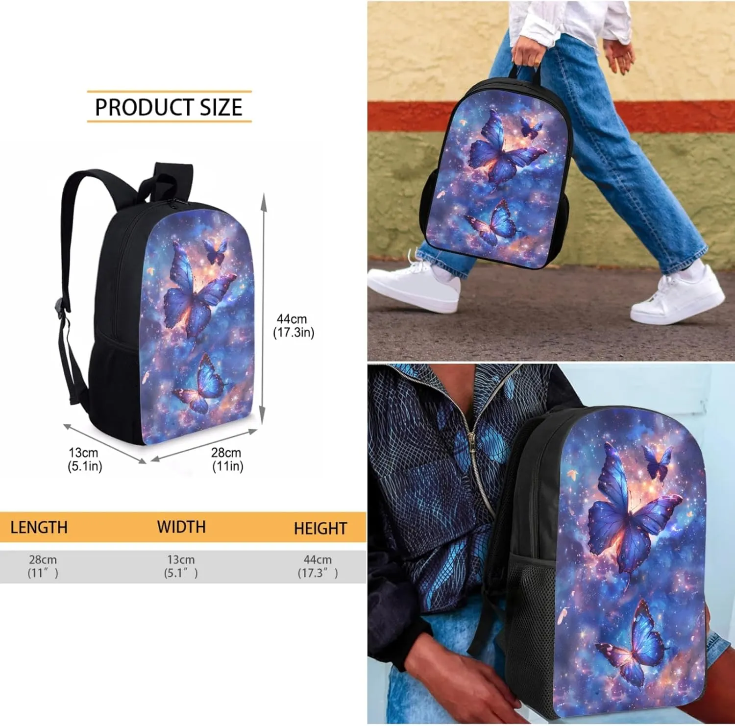 Abstract Butterfly Large Kids Backpack Set 3 Piece Bookbag with Cooler Warmer Lunch Box Pencil Case Holder for Elementary School Students