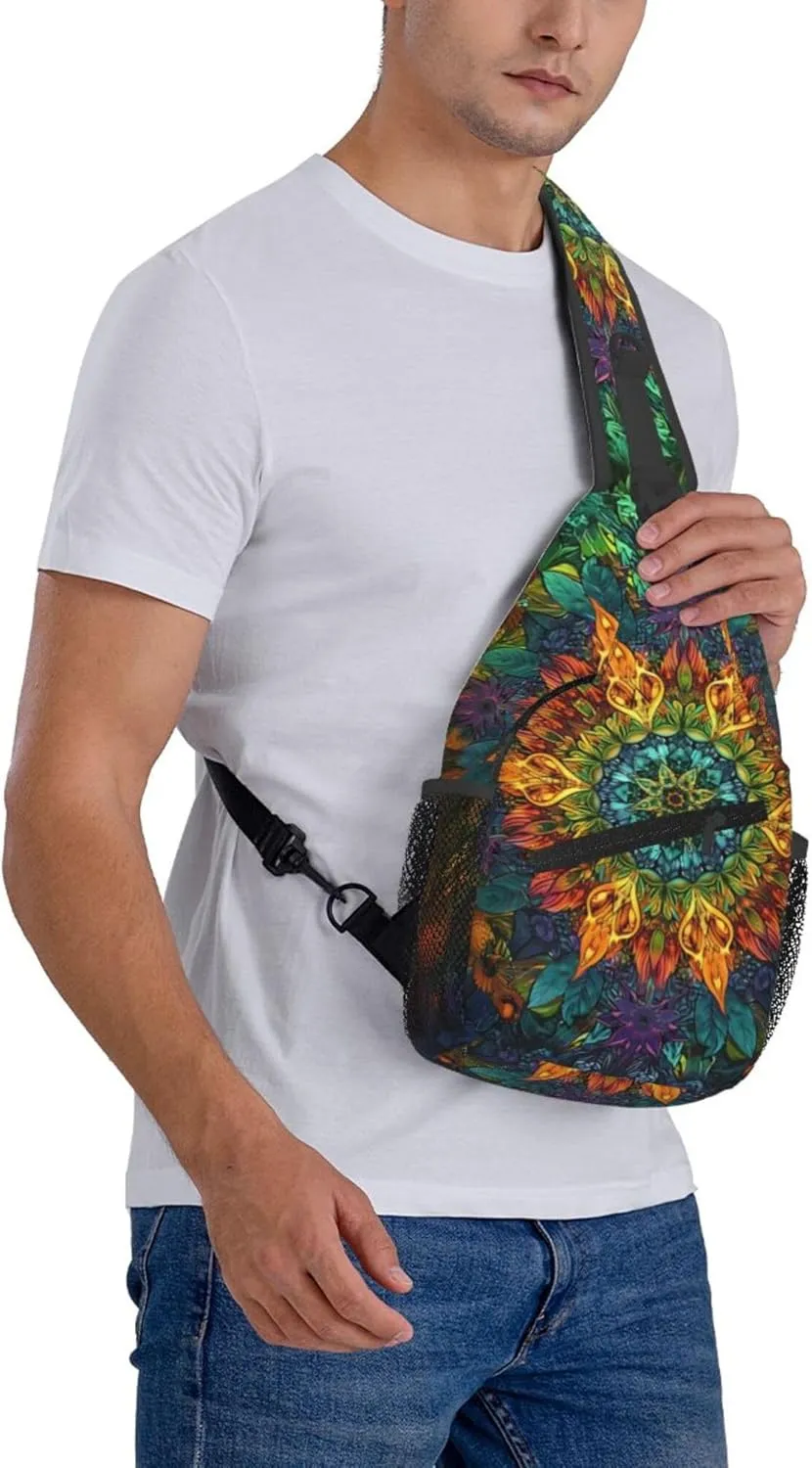Abstract Mandala Painting Flower Sling Backpack Crossbody Bag, Chest Bag Daypack Fanny Pack Cross Body Bag for Outdoors Hiking Traveling
