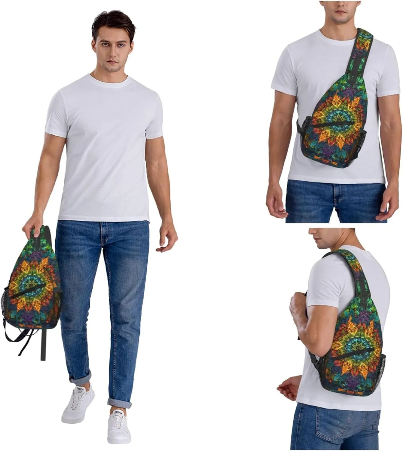 Abstract Mandala Painting Flower Sling Backpack Crossbody Bag, Chest Bag Daypack Fanny Pack Cross Body Bag for Outdoors Hiking Traveling