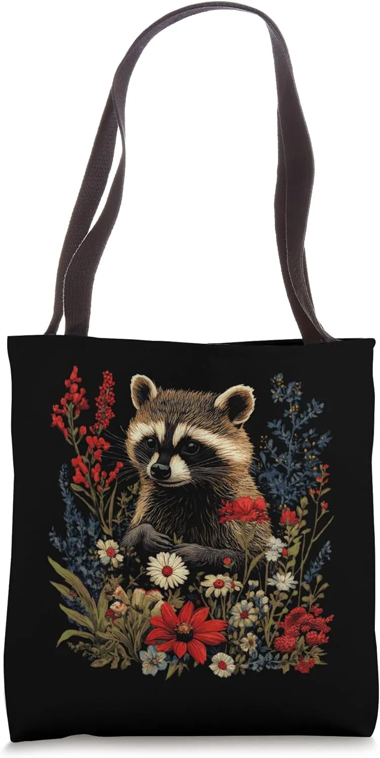 Adorable Raccoon Floral Wildlife Art Tote Bag