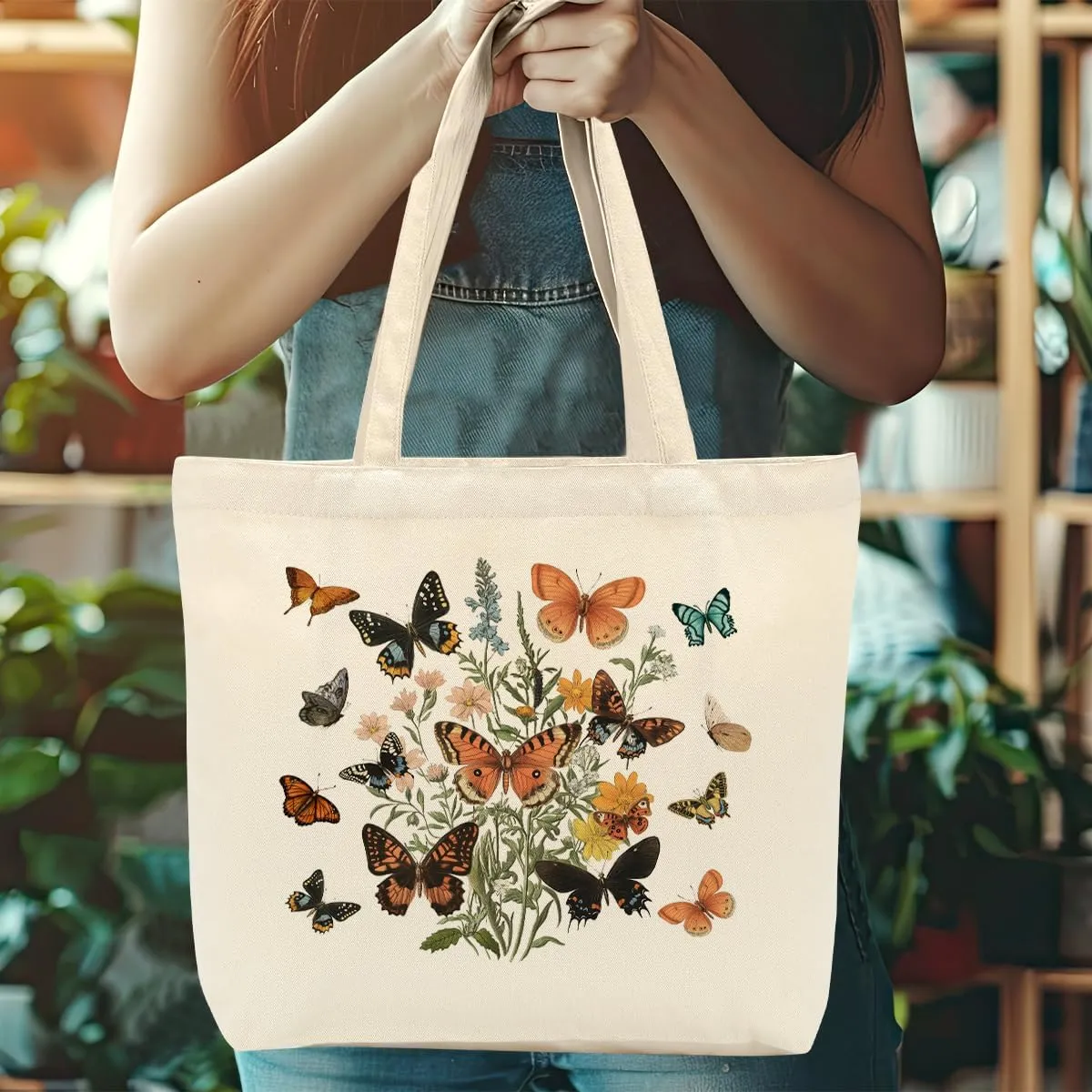 Aesthetic Floral Canvas Tote Bag for Women with Pocket, Tote Bags for Grocery Shopping Work Gym Christmas Birthday