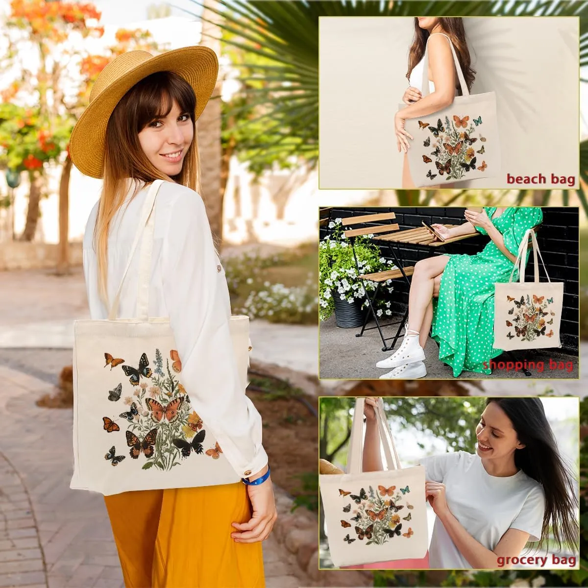 Aesthetic Floral Canvas Tote Bag for Women with Pocket, Tote Bags for Grocery Shopping Work Gym Christmas Birthday