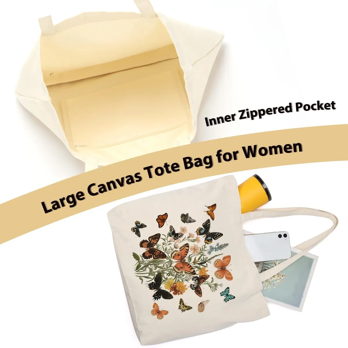 Aesthetic Floral Canvas Tote Bag for Women with Pocket, Tote Bags for Grocery Shopping Work Gym Christmas Birthday