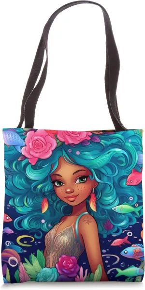 African American Mermaid With Blue Hair Floral Tote Bag