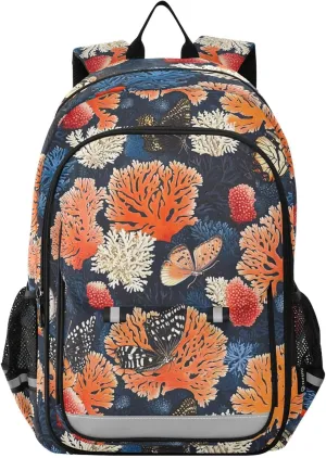 AIXIWAWA Kid's Travel Backpacks Butterfly Coral Print for Boys Girls，Large Capacity Student School Bag with Breathable Mesh Reflective Strip for Age 6 Above