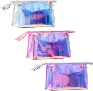 AJOJO 3 Pcs Holographic Makeup Bags, Iridescent Cosmetic Bag with 3 Colors Waterproof Cosmetic Zipper Bag Clear Portable Toiletries Travel Bag for Makeup Organizer, Brushes, Women Gifts
