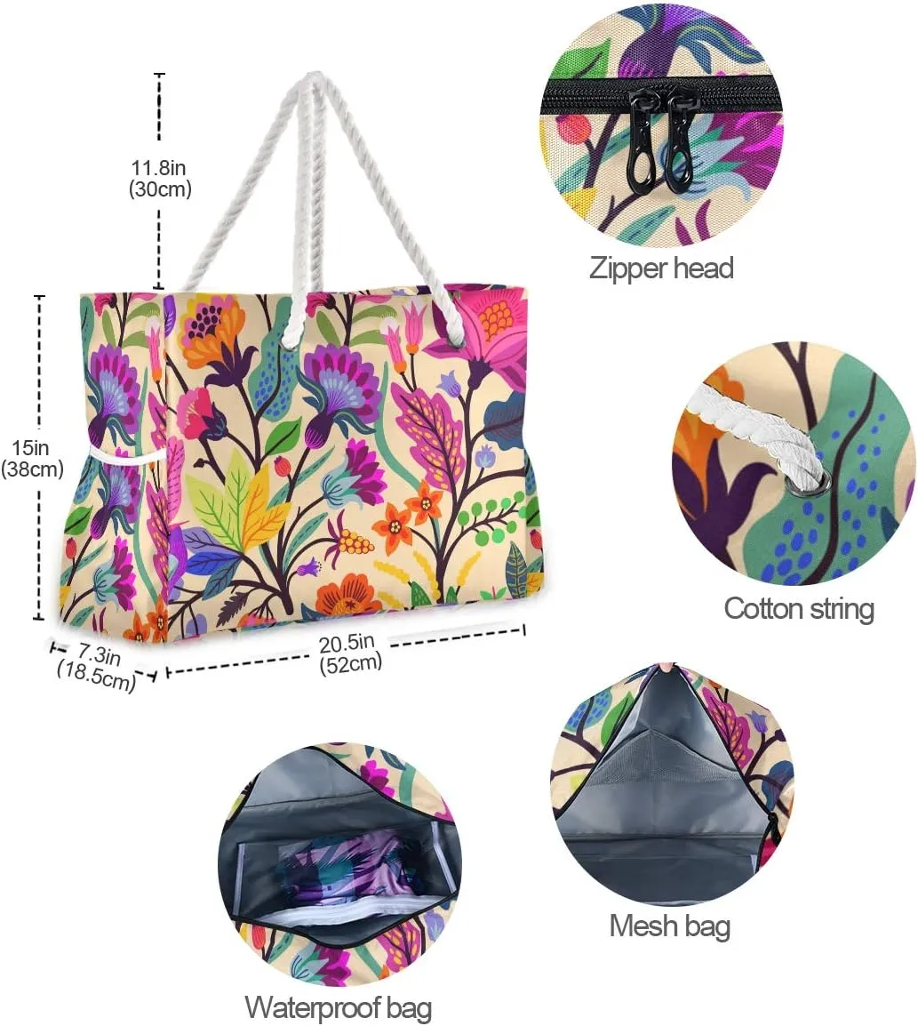 ALAZA Beach Bag, Indian Tribal Floral Travel Tote Bags for Camping, Exercise