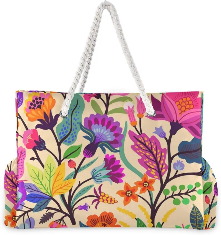 ALAZA Beach Bag, Indian Tribal Floral Travel Tote Bags for Camping, Exercise