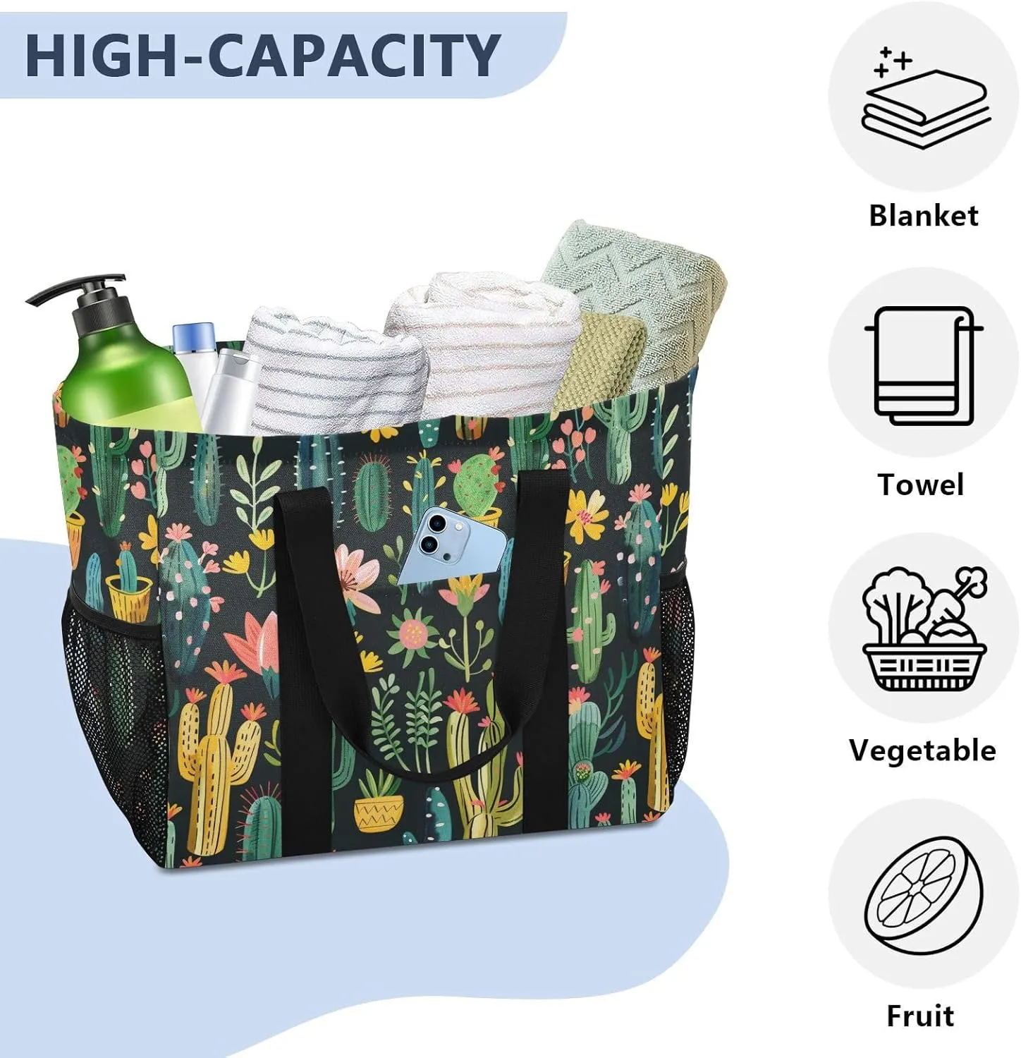 ALAZA Cacti Succulents Floral Tropical Waterproof Beach Tote Bags