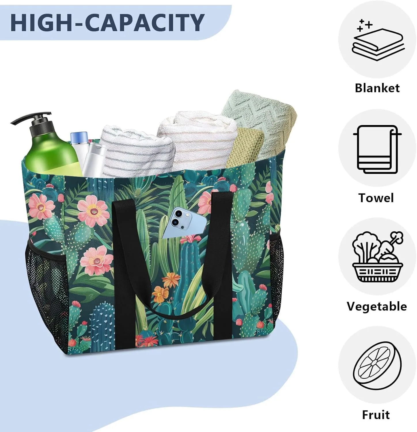 ALAZA Cacti Succulents Floral Tropical Waterproof Beach Tote Bags