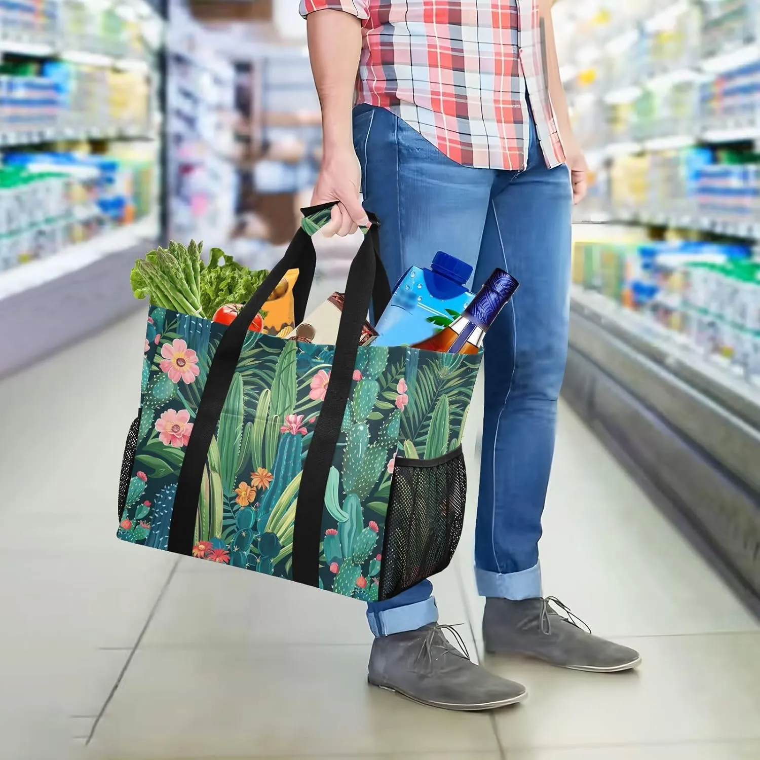 ALAZA Cacti Succulents Floral Tropical Waterproof Beach Tote Bags