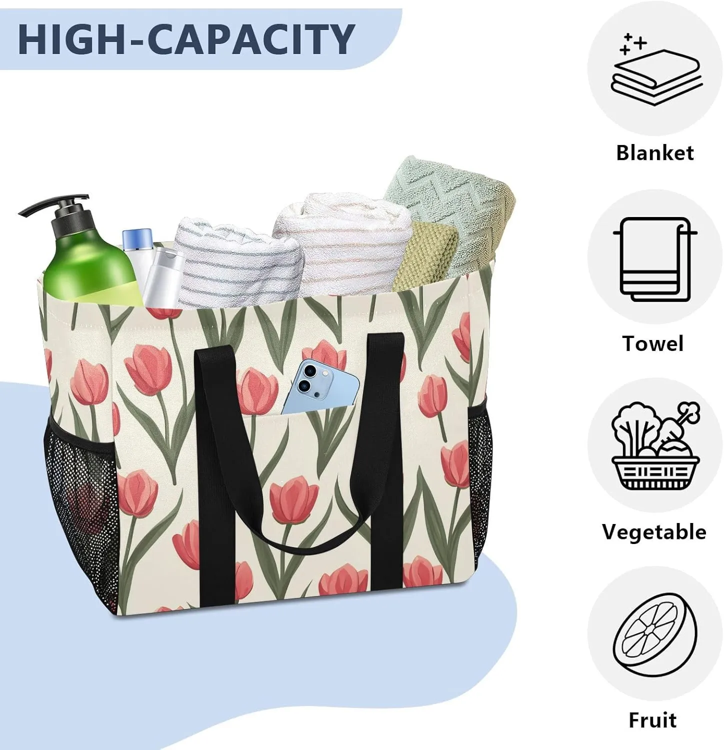 ALAZA Spring Tulip Pink Floral Waterproof Beach Tote Bags