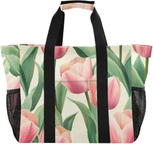 ALAZA Spring Tulip Pink Floral Waterproof Beach Tote Bags