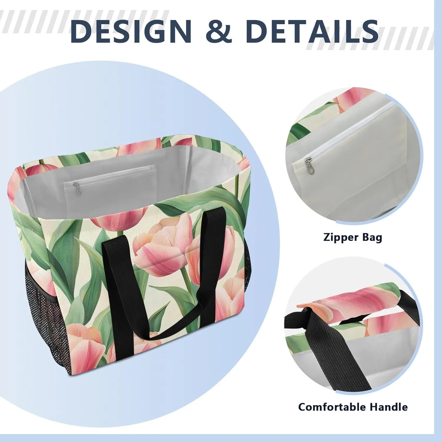 ALAZA Spring Tulip Pink Floral Waterproof Beach Tote Bags