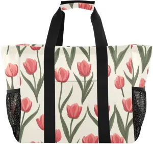 ALAZA Spring Tulip Pink Floral Waterproof Beach Tote Bags
