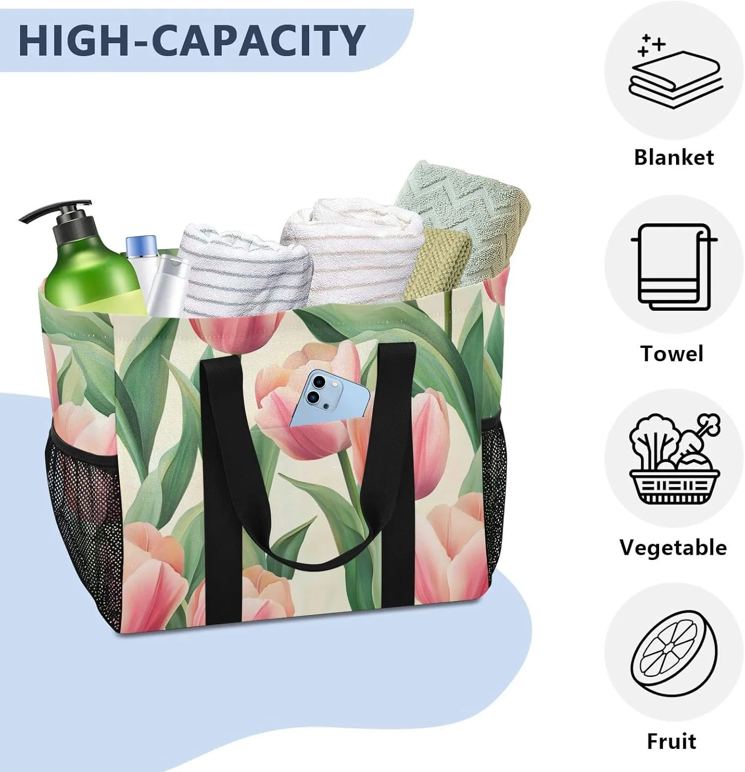 ALAZA Spring Tulip Pink Floral Waterproof Beach Tote Bags
