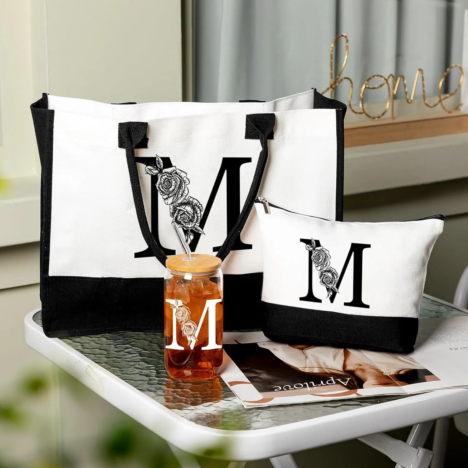 Aliceset Initial Gifts for Women Monogram Canvas Tote Bag and Makeup with Zipper and Initial Glass Coffee Cup Gifts for Her