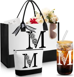 Aliceset Initial Gifts for Women Monogram Canvas Tote Bag and Makeup with Zipper and Initial Glass Coffee Cup Gifts for Her
