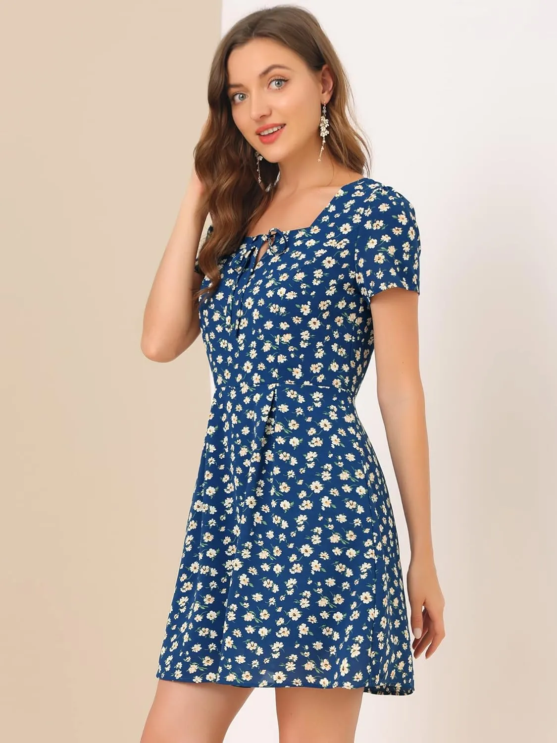 Allegra K Women's Printed Dress Summer 2025 Casual Square Neck Short Sleeve Fit and Flare Dresses