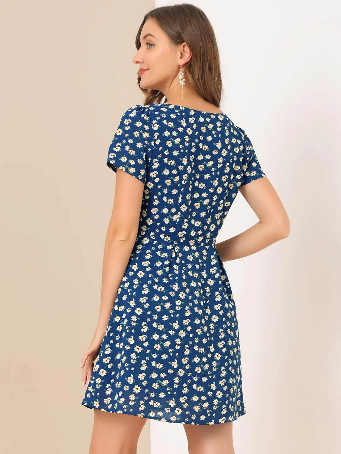 Allegra K Women's Printed Dress Summer 2025 Casual Square Neck Short Sleeve Fit and Flare Dresses