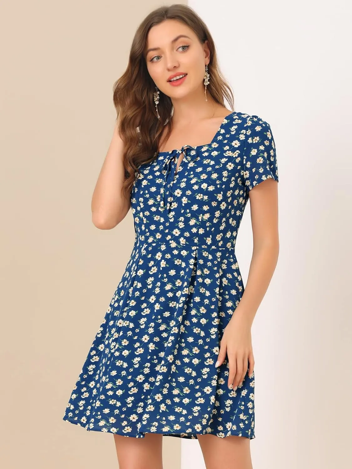 Allegra K Women's Printed Dress Summer 2025 Casual Square Neck Short Sleeve Fit and Flare Dresses