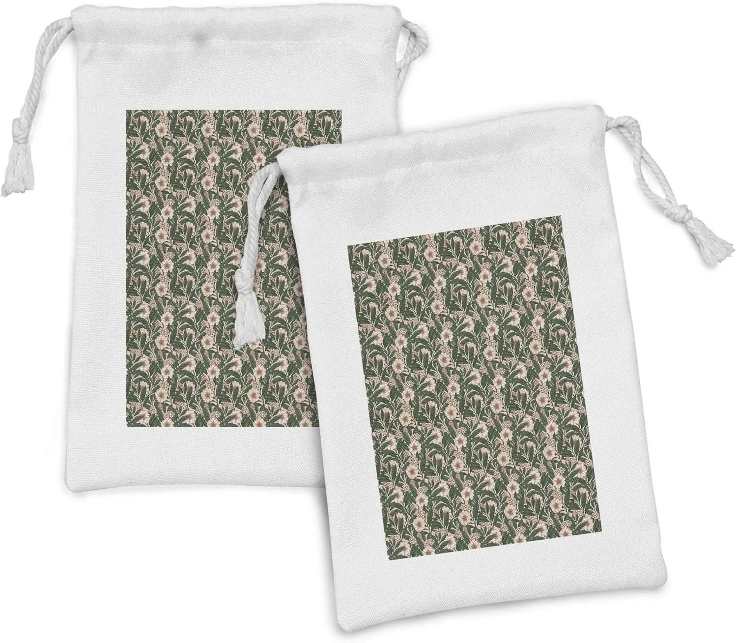 Ambesonne Floral Fabric Pouch Set of 2, Negative Exposure Effect Blossomed Pinkish Anemone Plant Overlapped Lobed Leaves, Small Drawstring Bag for Toiletries Masks and Favors, 9" x 6", Multicolor