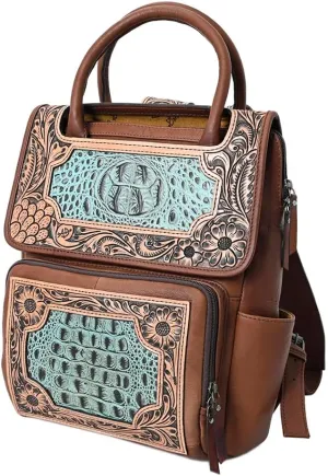American Darling Backpack Hand Tooled Crocodile embossed Genuine Leather women bag western handbag purse, Black