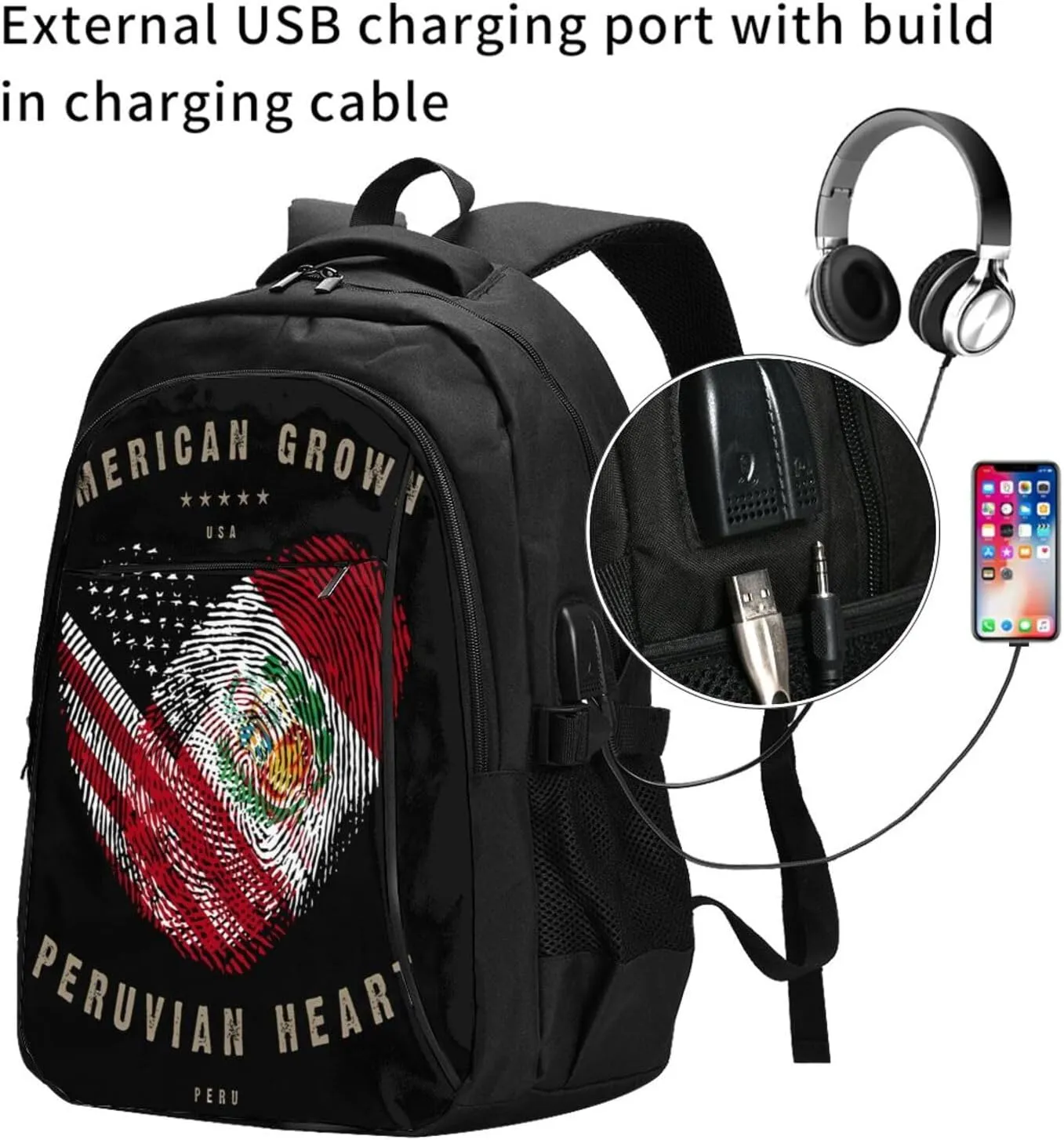 American Peruvian Peru Flag Heart Love Business Laptop Backpack Travel Backpacks Outdoor Rucksack Large Bag Daypack with USB Charging Port Multi-Pocket for Hiking Camping