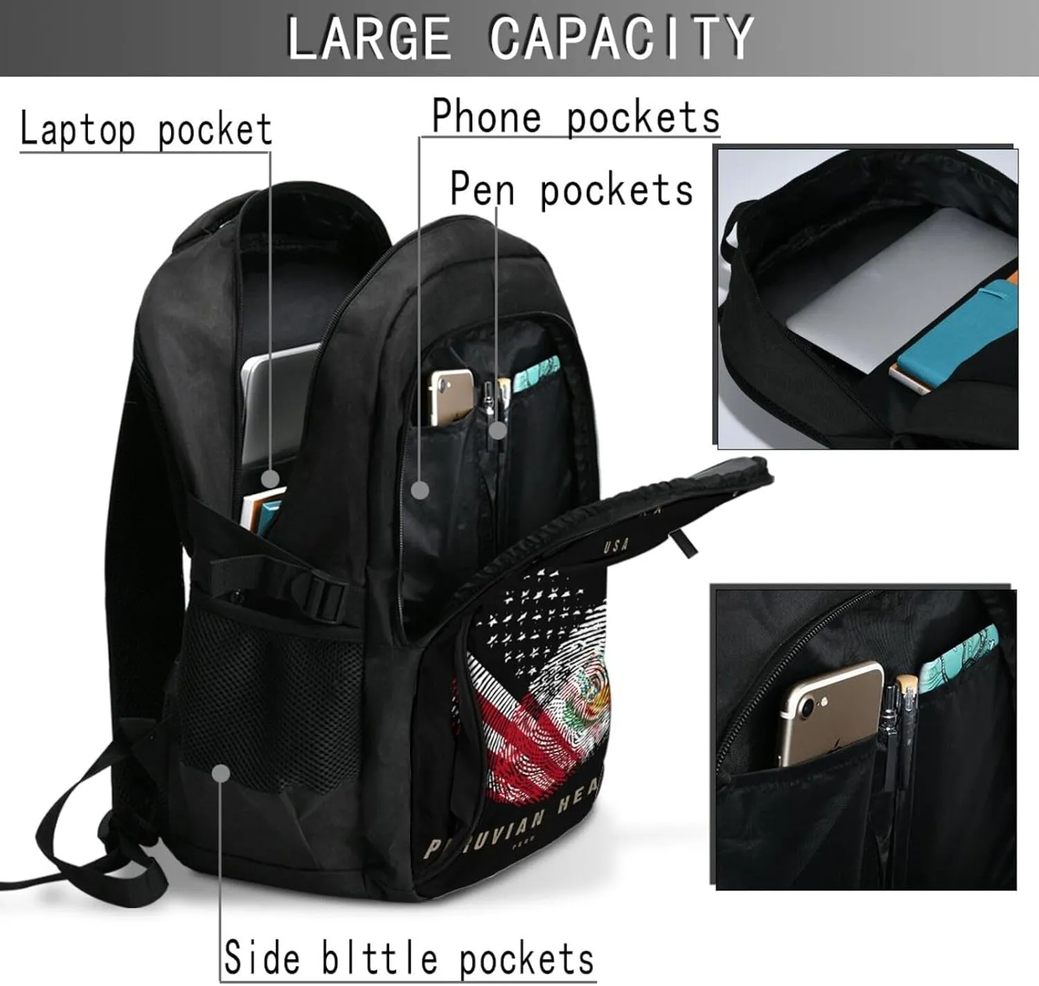 American Peruvian Peru Flag Heart Love Business Laptop Backpack Travel Backpacks Outdoor Rucksack Large Bag Daypack with USB Charging Port Multi-Pocket for Hiking Camping