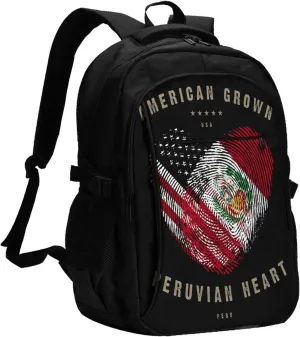 American Peruvian Peru Flag Heart Love Business Laptop Backpack Travel Backpacks Outdoor Rucksack Large Bag Daypack with USB Charging Port Multi-Pocket for Hiking Camping