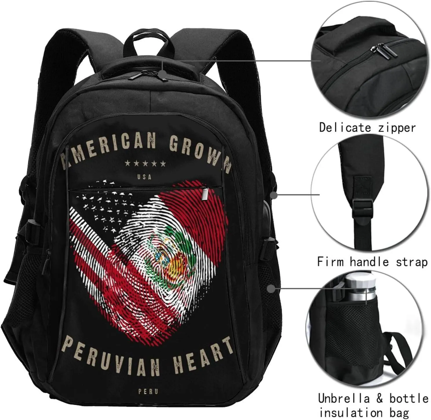 American Peruvian Peru Flag Heart Love Business Laptop Backpack Travel Backpacks Outdoor Rucksack Large Bag Daypack with USB Charging Port Multi-Pocket for Hiking Camping