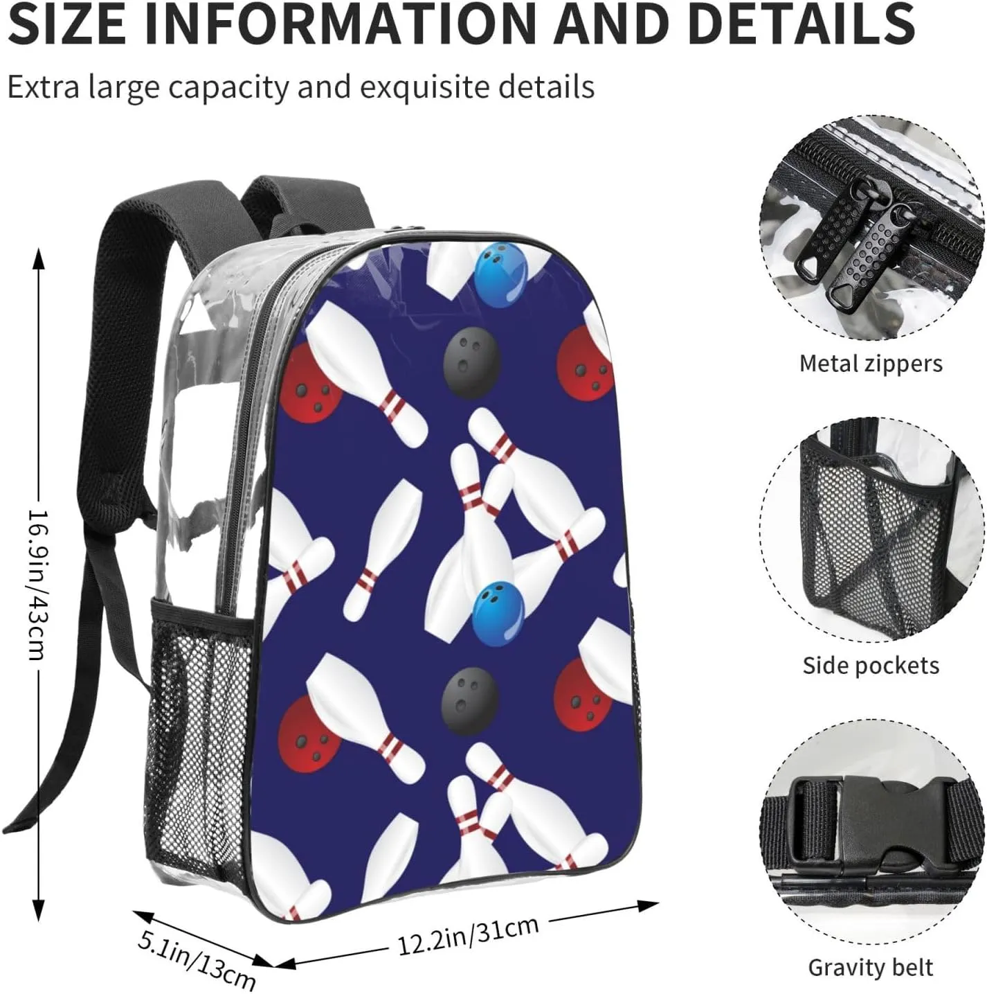 AMRANDOM Clear Backpack Bowling Ball Stadium Approved Clear Backpacks Small Clear Bag for Sports Game Concert Events