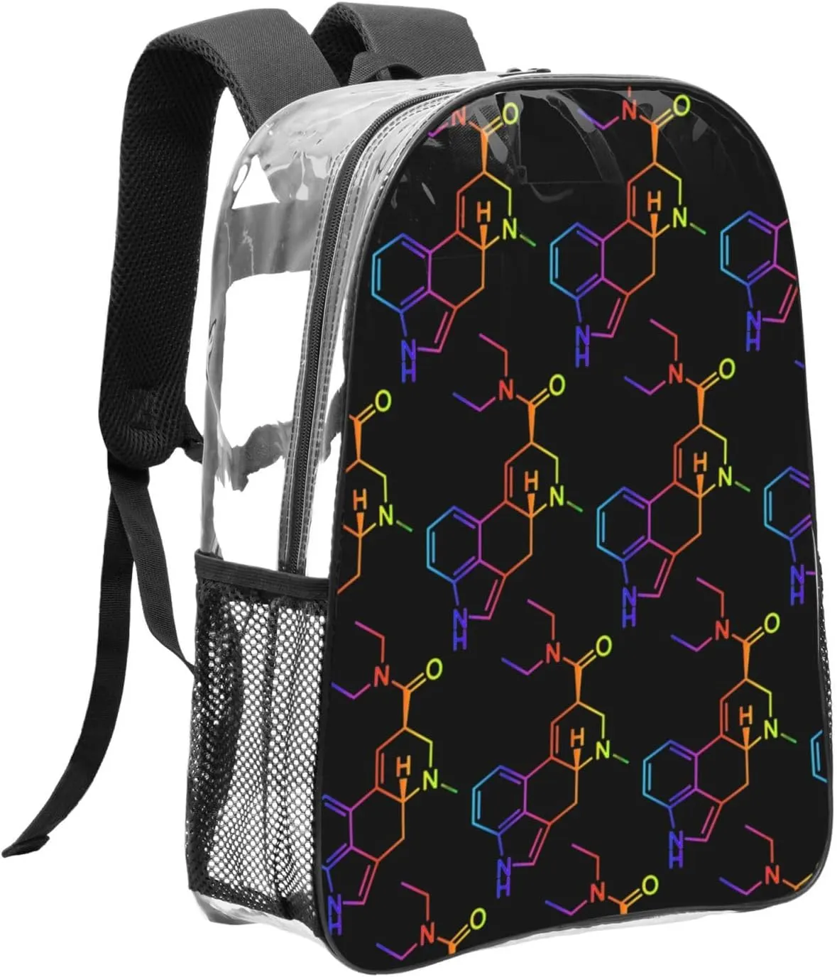 AMRANDOM Clear Backpack Large Heavy Duty Molecule Acid Psychedelic Chemistry PVC Transparent Backpack for Adults See Through Clear Bookbag for School, Sports, Work, Travel, College