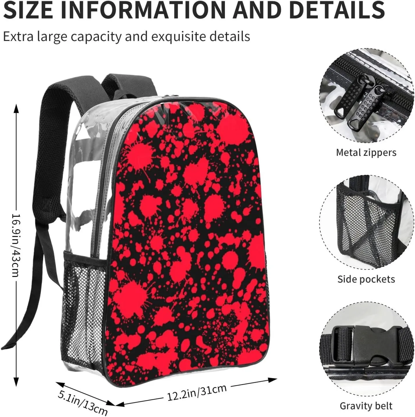 AMRANDOM Clear Backpack Stadium Backpack for Women Heavy Duty for Concert Work Sport Games Festival Venues (Classic Horror Blood Splatter Black)