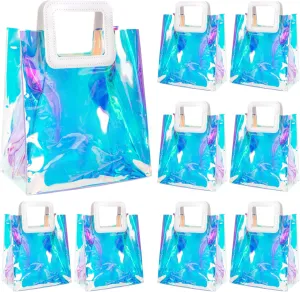 Andaz Press Iridescent Reusable Vinyl Holographic Tote Bags, 8 Pack, 10Wx6Dx13H, Multi, Women-Adults, Female, Summer, Adult