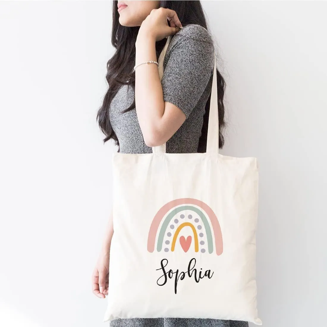Andaz Press Personalized Canvas Rainbow Reusable Tote Bag for Women - Beach, School, Birthday Gifts - 1-Pack