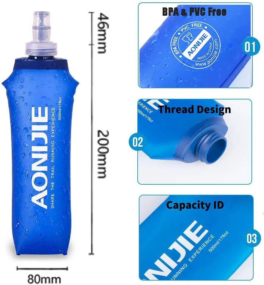 AONIJIE TPU Soft Flask Water Bottle Collapsible Running Flask for Hydration Pack, BPA Free, Wide Opening, for Outdoor Sports Hydration