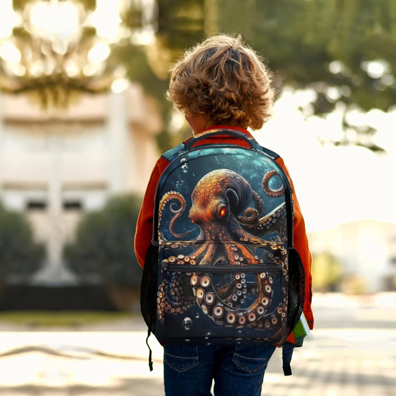 aportt Octopus Print Kids Backpack for School Casual Daypack Backpacks Orange Octopus Lightweight Book Bag Ocean Animal Shoulder Bag for Boys Girls Students Travel Camping Outdoor
