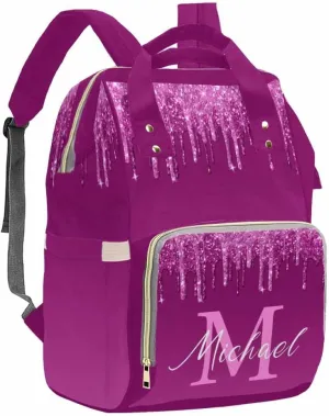 Artsadd Custom Diaper Bag Backpack with Name, Customized Deep Pink Glitter Drips Nappy Bags for Women Personalized Travel Camping Hiking Shopping Casual Mommy Backpack