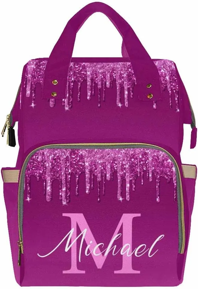 Artsadd Custom Diaper Bag Backpack with Name, Customized Deep Pink Glitter Drips Nappy Bags for Women Personalized Travel Camping Hiking Shopping Casual Mommy Backpack