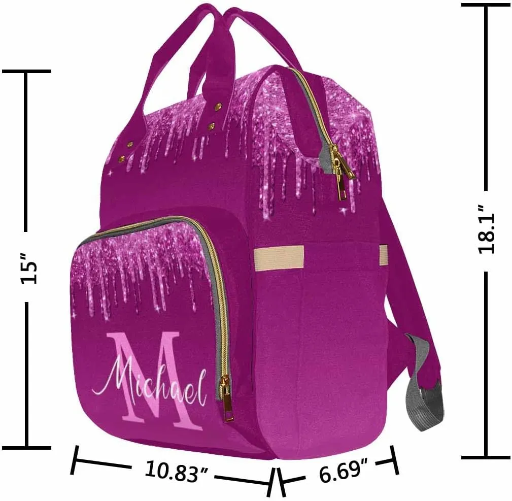 Artsadd Custom Diaper Bag Backpack with Name, Customized Deep Pink Glitter Drips Nappy Bags for Women Personalized Travel Camping Hiking Shopping Casual Mommy Backpack