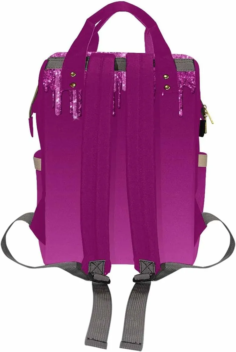 Artsadd Custom Diaper Bag Backpack with Name, Customized Deep Pink Glitter Drips Nappy Bags for Women Personalized Travel Camping Hiking Shopping Casual Mommy Backpack