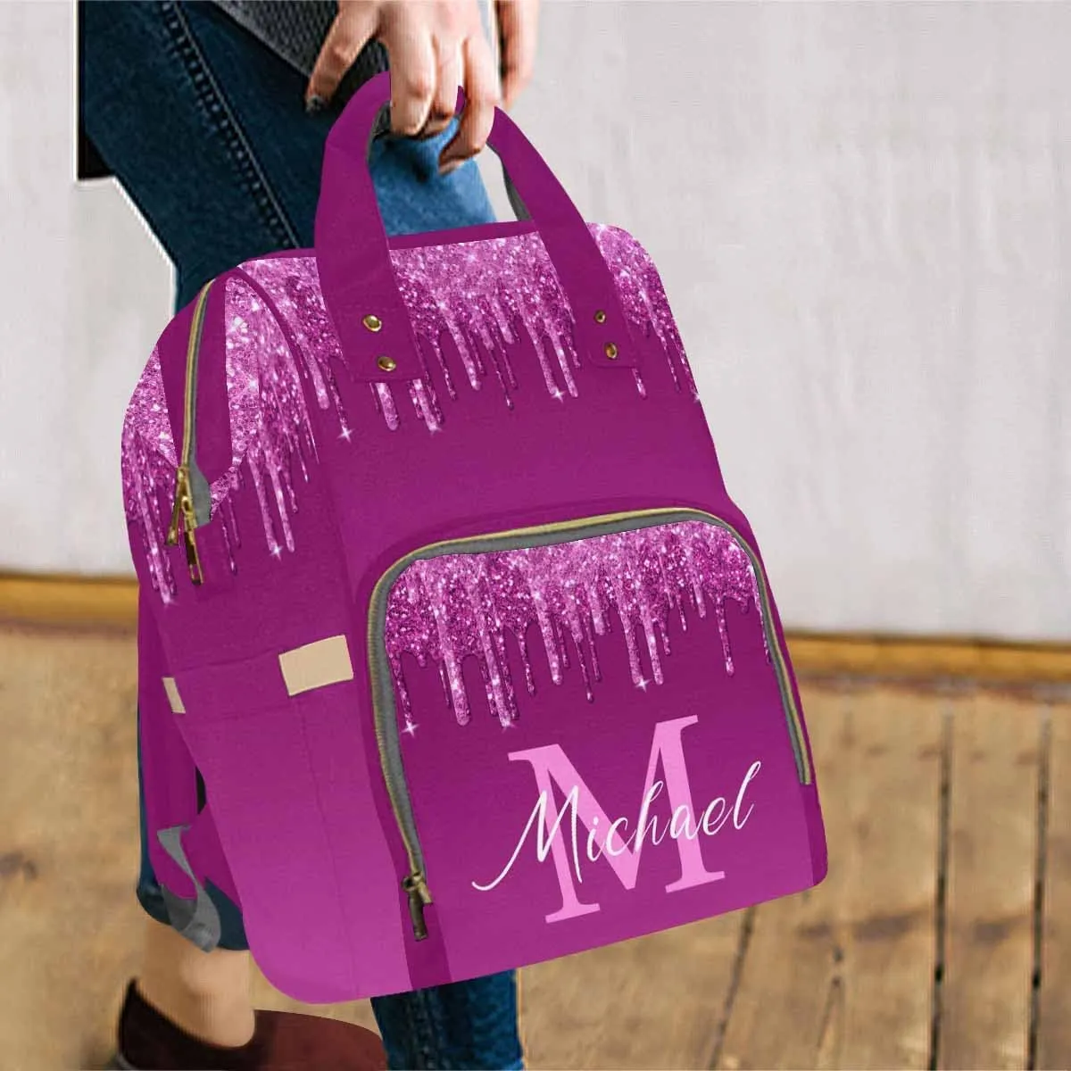 Artsadd Custom Diaper Bag Backpack with Name, Customized Deep Pink Glitter Drips Nappy Bags for Women Personalized Travel Camping Hiking Shopping Casual Mommy Backpack