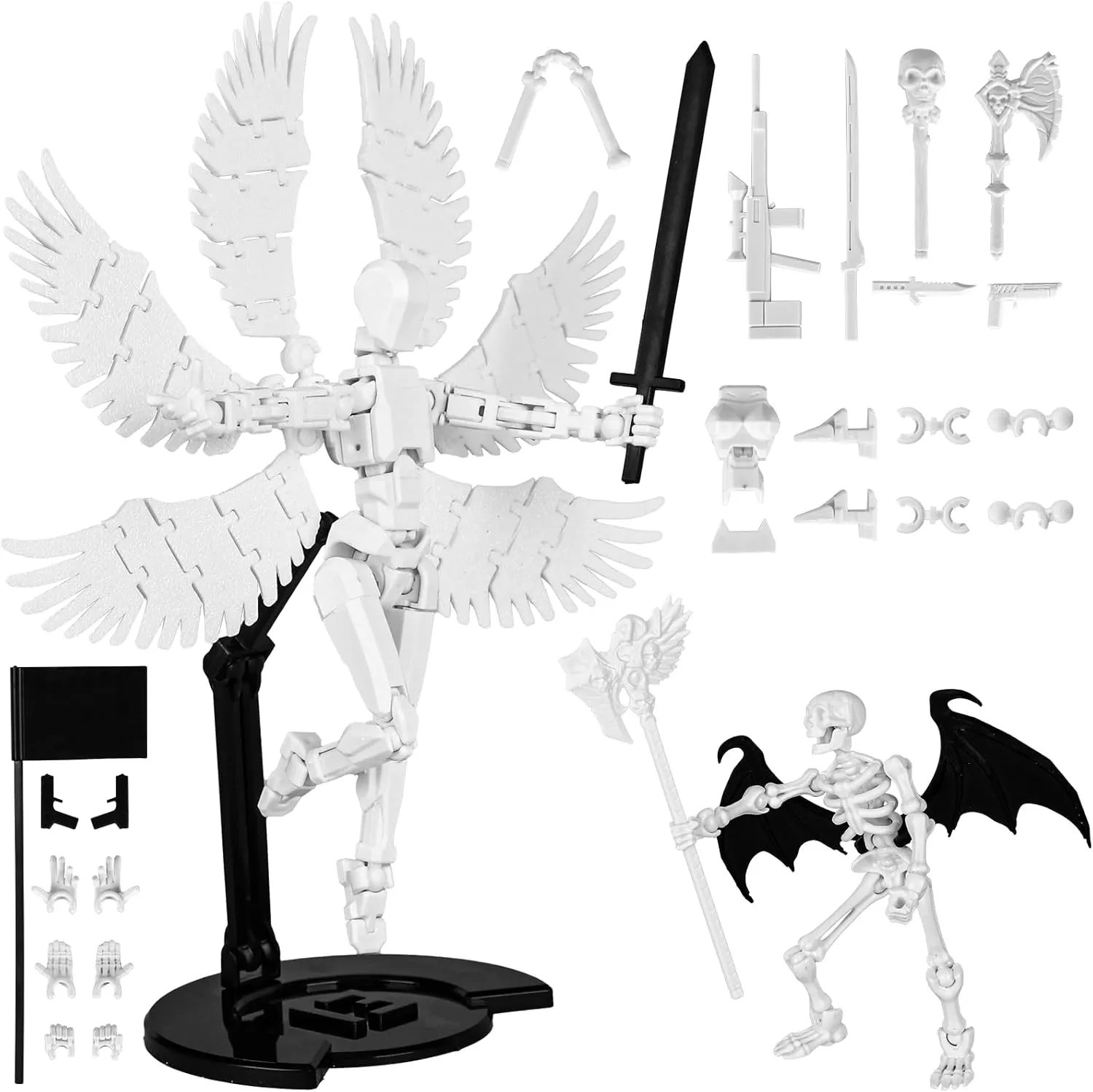 (Assembly Completed) 2PCS T13 White Action Figure Set，3D Printed T13 Articulated Figure - Buildable Six-Winged Angel & Skeleton Doll, Poseable Action Figure for Collectors, DIY Model Kit