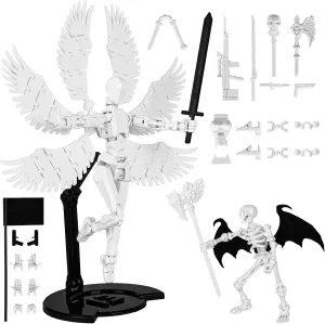 (Assembly Completed) 2PCS T13 White Action Figure Set，3D Printed T13 Articulated Figure - Buildable Six-Winged Angel & Skeleton Doll, Poseable Action Figure for Collectors, DIY Model Kit