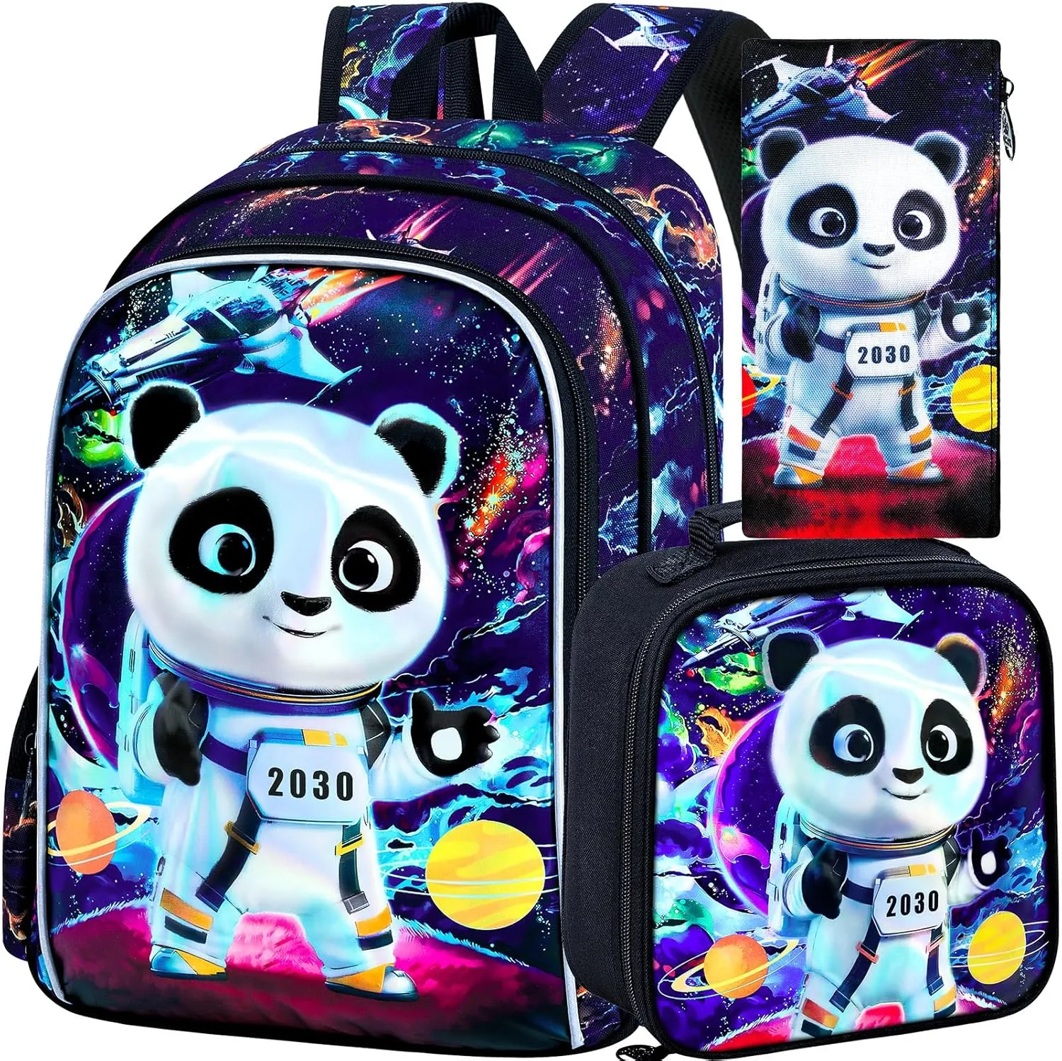 Backpack for Boys, 16" Kids Panda Bookbag with Lunch Box, 3Pcs Space School Backpacks for Elementary Preschool Kindergarten (Black)