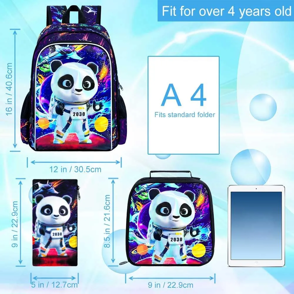 Backpack for Boys, 16" Kids Panda Bookbag with Lunch Box, 3Pcs Space School Backpacks for Elementary Preschool Kindergarten (Black)