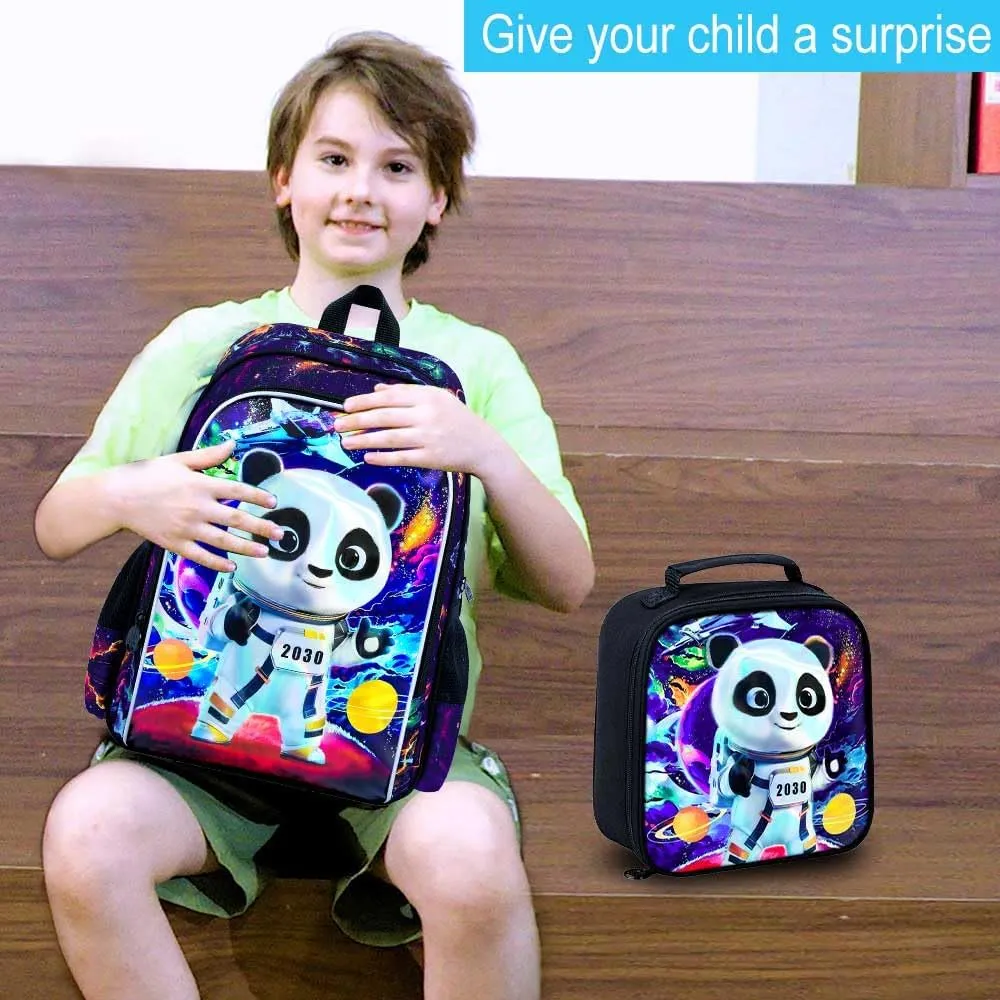 Backpack for Boys, 16" Kids Panda Bookbag with Lunch Box, 3Pcs Space School Backpacks for Elementary Preschool Kindergarten (Black)