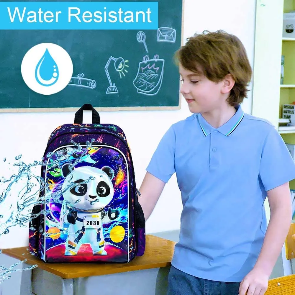 Backpack for Boys, 16" Kids Panda Bookbag with Lunch Box, 3Pcs Space School Backpacks for Elementary Preschool Kindergarten (Black)