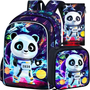 Backpack for Boys, 16" Kids Panda Bookbag with Lunch Box, 3Pcs Space School Backpacks for Elementary Preschool Kindergarten (Black)